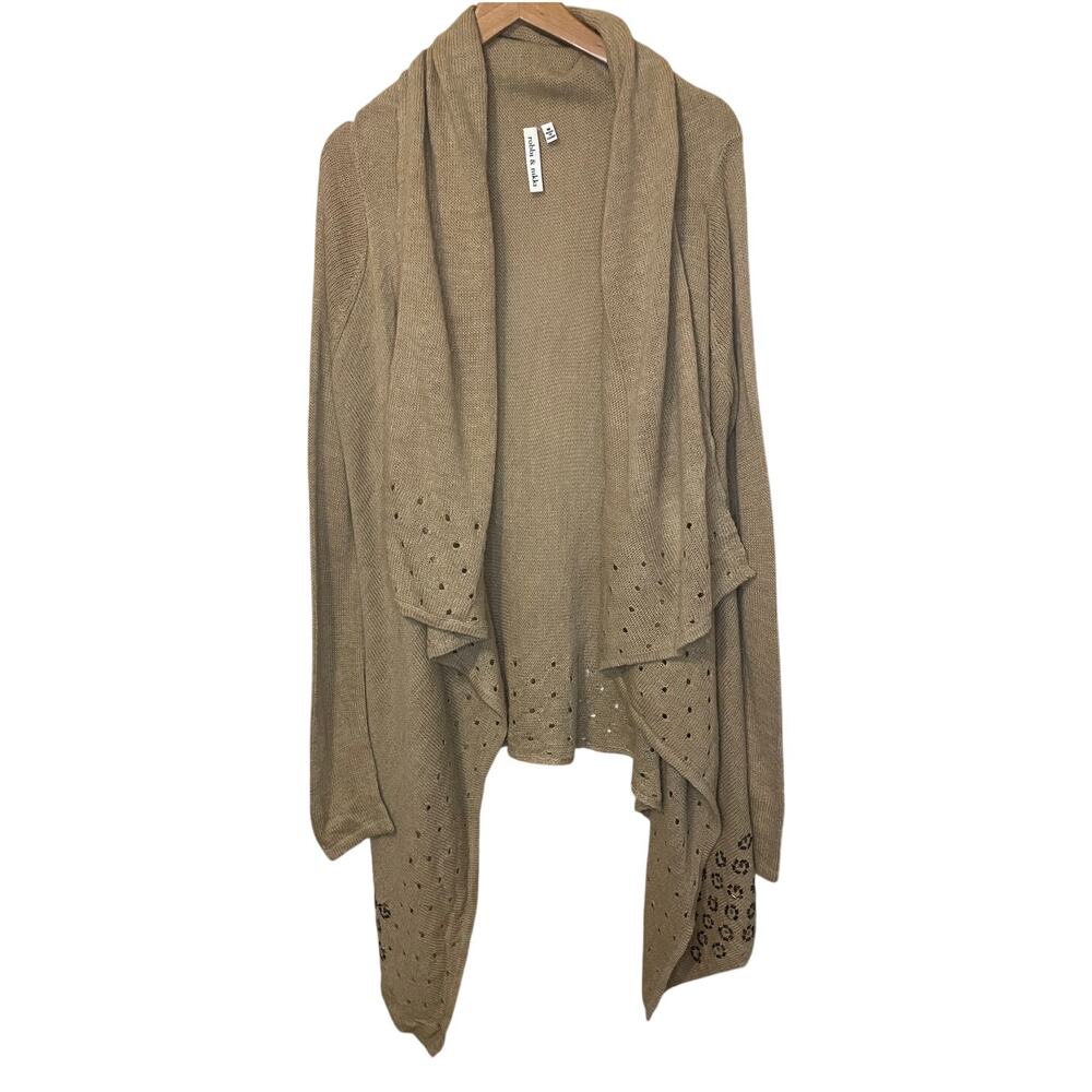 Robbi & Nikki Light Brown Knit Open Front Ruffle Cardigan W/ Beaded Detail Med